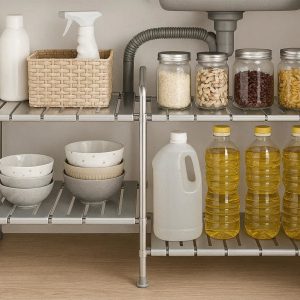 1 Expandable Under Sink Organizer Shelf Adjustable Kitchen Storage Rack