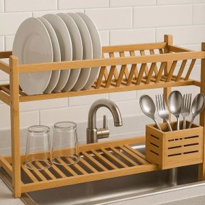 10 Over The Sink Bamboo Dish Drying Rack with Cutlery Holder