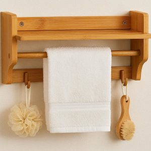 18 Wall Mounted Bamboo Bathroom Shelf with Towel Bar and Hooks